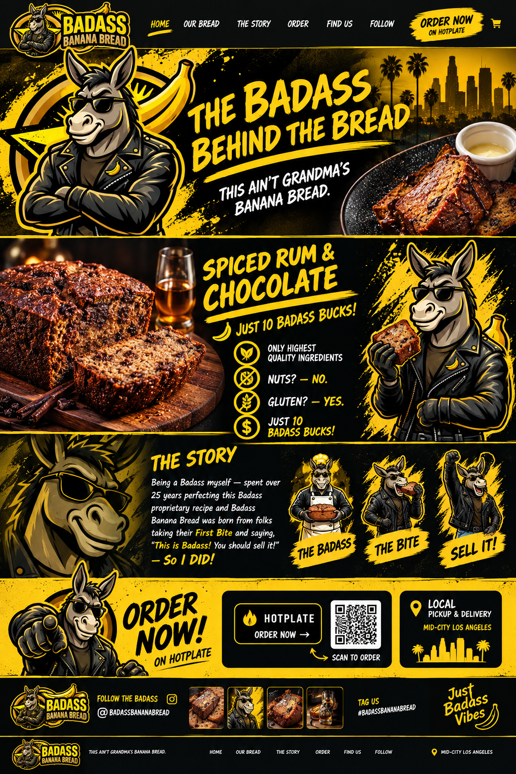 Badass Banana Bread: the donkey mascot, spiced rum and chocolate loaf for 10 Badass Bucks, origin story, Hotplate ordering, and Mid-City Los Angeles pickup and delivery.